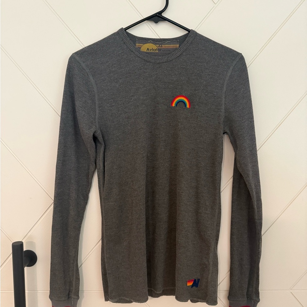 Aviator Nation Ribbed Gray Long Sleeve Shirt with Rainbow Patch